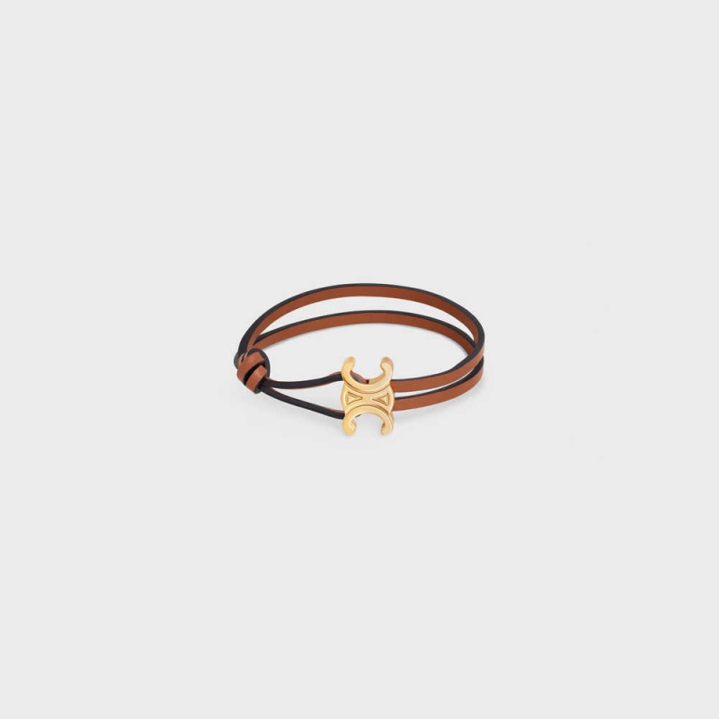 Celine Triomphe Clasp in Brass with Gold Finish and Tan Smooth Calfskin Bracelets Gold / Tan | CL-592205