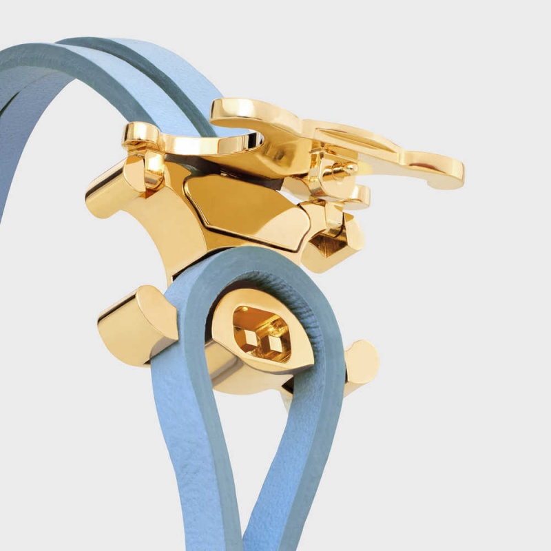 Celine Triomphe Clasp in Brass with Gold Finish and Celeste Smooth Calfskin Bracelets Celeste / Gold | CL-592204