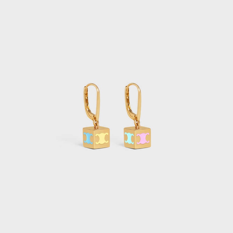 Celine Triomphe Cube in Brass with Gold Finish and Colored Enamel Earrings Gold & Multicolour | CL-592304