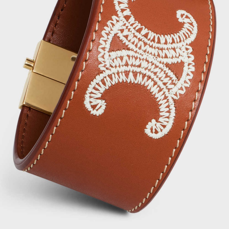 Celine Triomphe Embroidered Leather in Brass with Gold Finish and Calfskin Bracelets Tan / Ecru | CL-592203