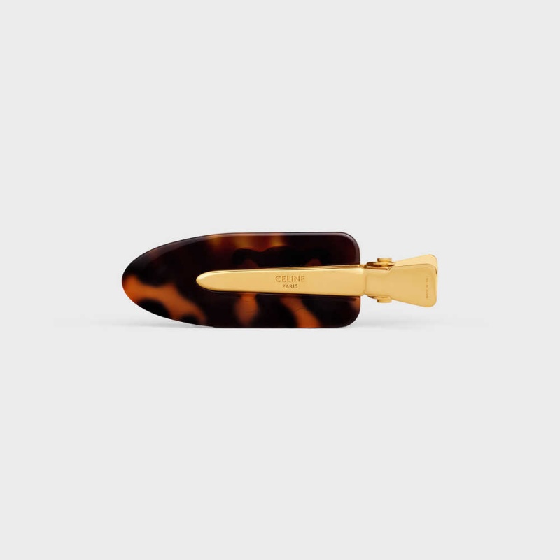 Celine Triomphe Flat Hair Clip in Dark Havana Acetate and Brass with Gold Finish and Steel Hair Accessories Dark Havana / Gold | CL-592322