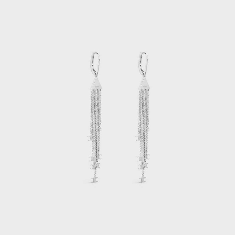 Celine Triomphe Folk Fringe in Brass with Rhodium Finish Earrings Silver | CL-592300