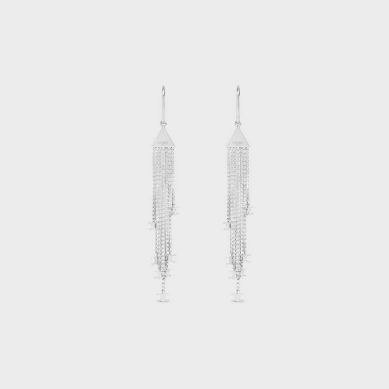 Celine Triomphe Folk Fringe in Brass with Rhodium Finish Earrings Silver | CL-592300