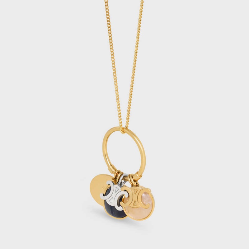 Celine Triomphe Indie Charms in Brass with Gold and Silver Finish, Rutilated Quartz and Hawk Eye Necklaces Gold & Multicolour | CL-592239