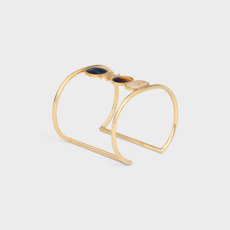 Celine Triomphe Indie Cuff in Brass with Gold Finish, Rutilated Quartz, Tiger Eye and Hawk Eye Bracelets Gold & Multicolour | CL-592197