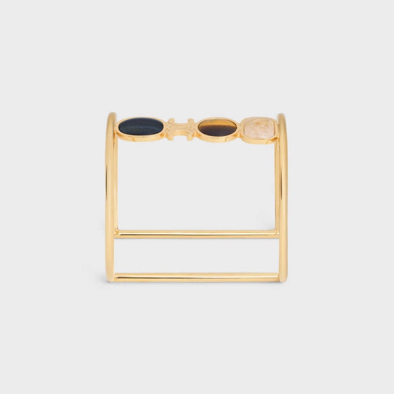 Celine Triomphe Indie Cuff in Brass with Gold Finish, Rutilated Quartz, Tiger Eye and Hawk Eye Bracelets Gold & Multicolour | CL-592197