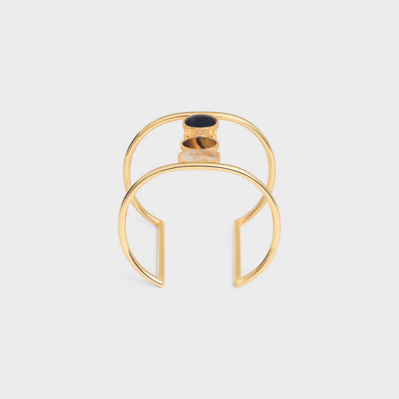 Celine Triomphe Indie Cuff in Brass with Gold Finish, Rutilated Quartz, Tiger Eye and Hawk Eye Bracelets Gold & Multicolour | CL-592197