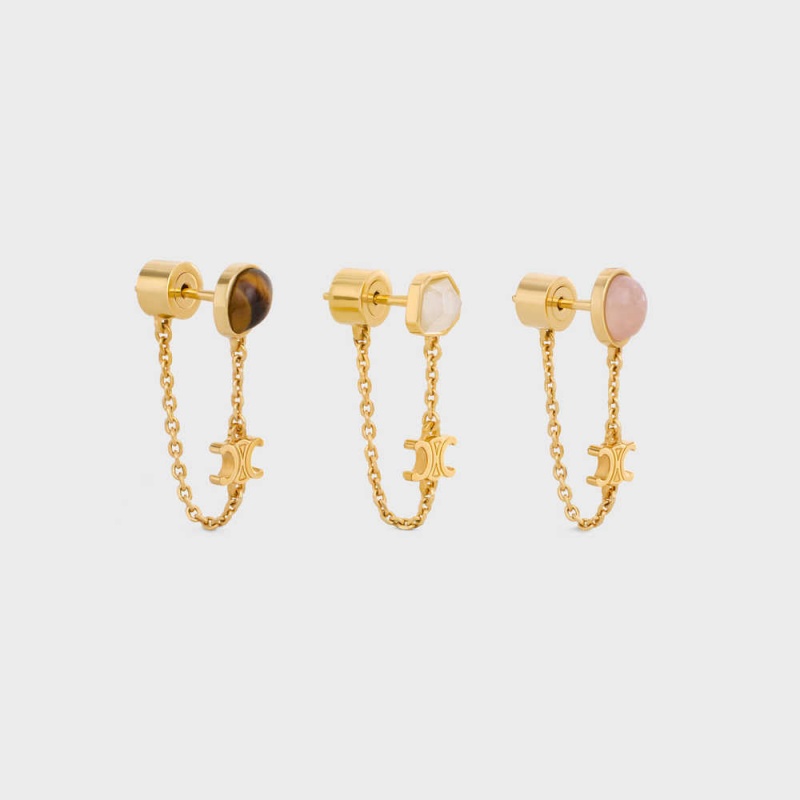 Celine Triomphe Indie Set of 3 in Brass with Gold Finish, Rutilated Quartz, Pink Quartz and Tiger Eye Earrings Gold & Multicolour | CL-592294