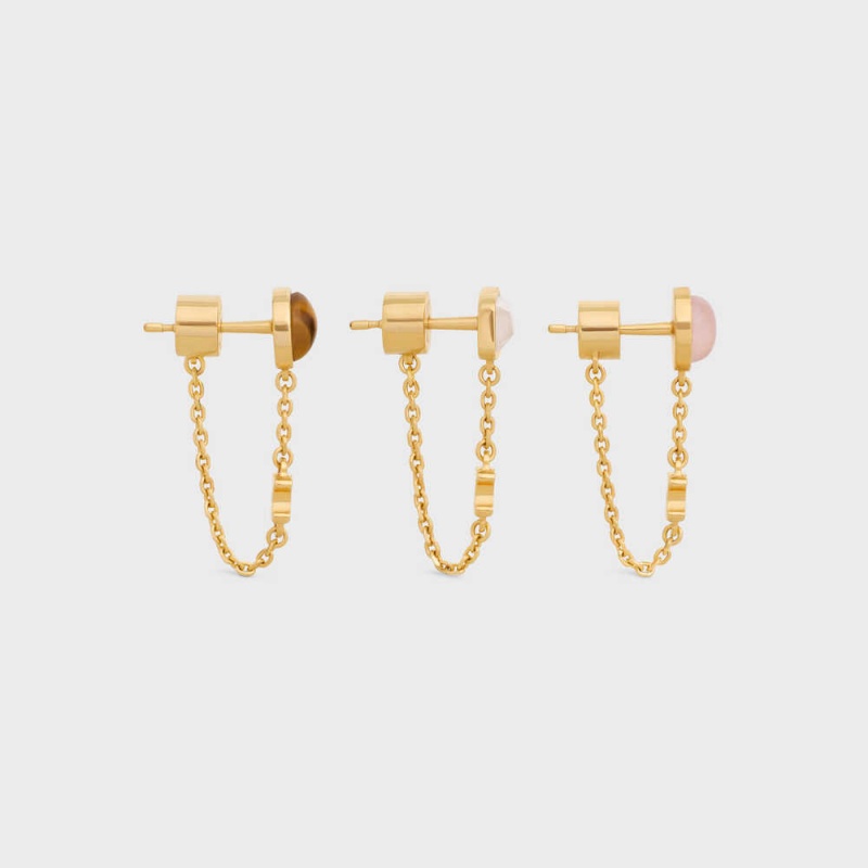 Celine Triomphe Indie Set of 3 in Brass with Gold Finish, Rutilated Quartz, Pink Quartz and Tiger Eye Earrings Gold & Multicolour | CL-592294