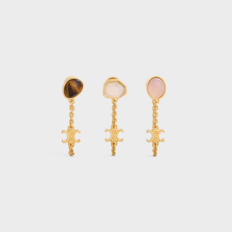 Celine Triomphe Indie Set of 3 in Brass with Gold Finish, Rutilated Quartz,  Pink Quartz and Tiger Eye Sale - Womens Earrings Gold & Multicolour