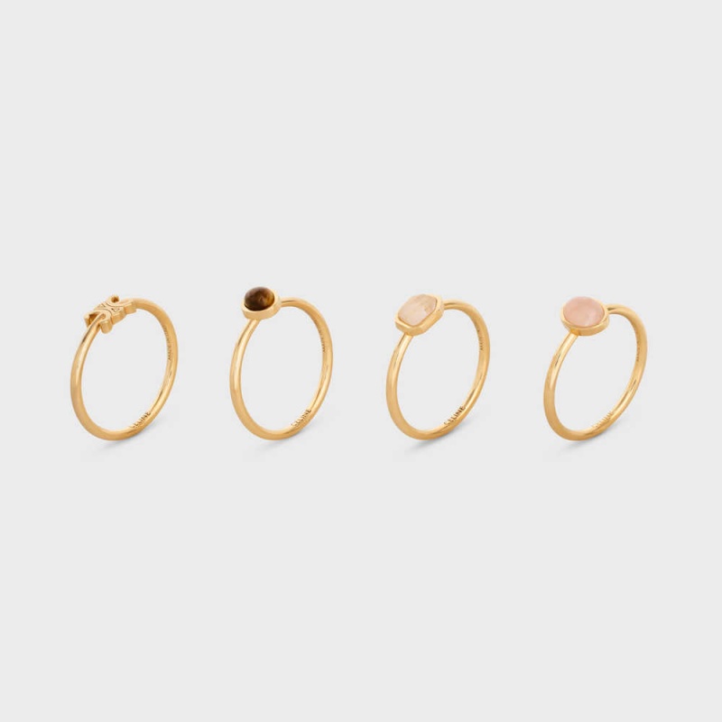 Celine Triomphe Indie Set of 4 Rings in Brass with Gold Finish, Rutilated Quartz, Pink Quartz and Tiger Eye Rings Gold & Multicolour | CL-592181