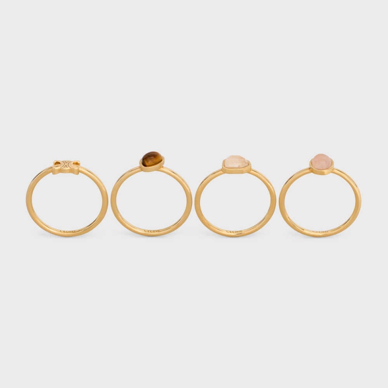 Celine Triomphe Indie Set of 4 Rings in Brass with Gold Finish, Rutilated Quartz, Pink Quartz and Tiger Eye Rings Gold & Multicolour | CL-592181