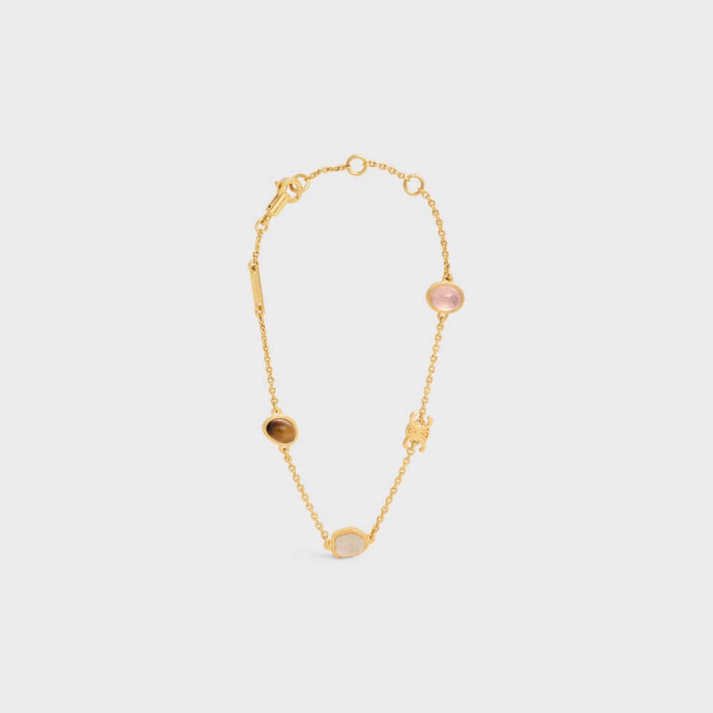 Celine Triomphe Indie in Brass with Gold Finish, Rutilated Quartz, Pink Quartz and Tiger Eye Bracelets Gold & Multicolour | CL-592198