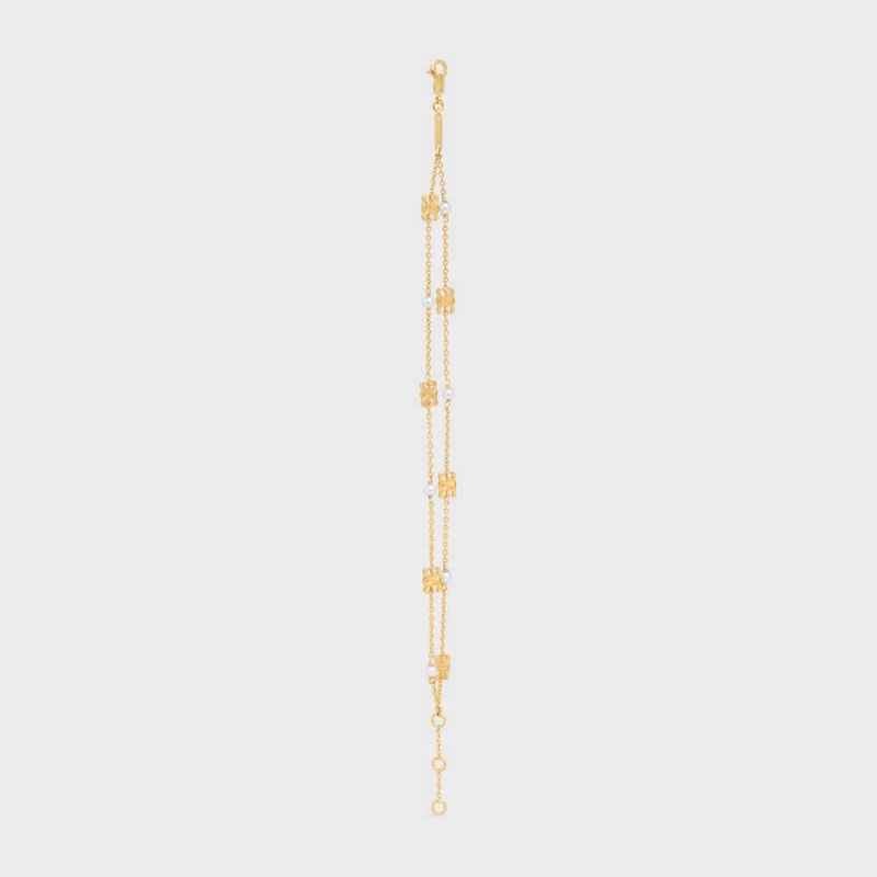 Celine Triomphe Pearl Double in Brass with Gold Finish and Resin Pearls Bracelets Gold / Ivory | CL-592236