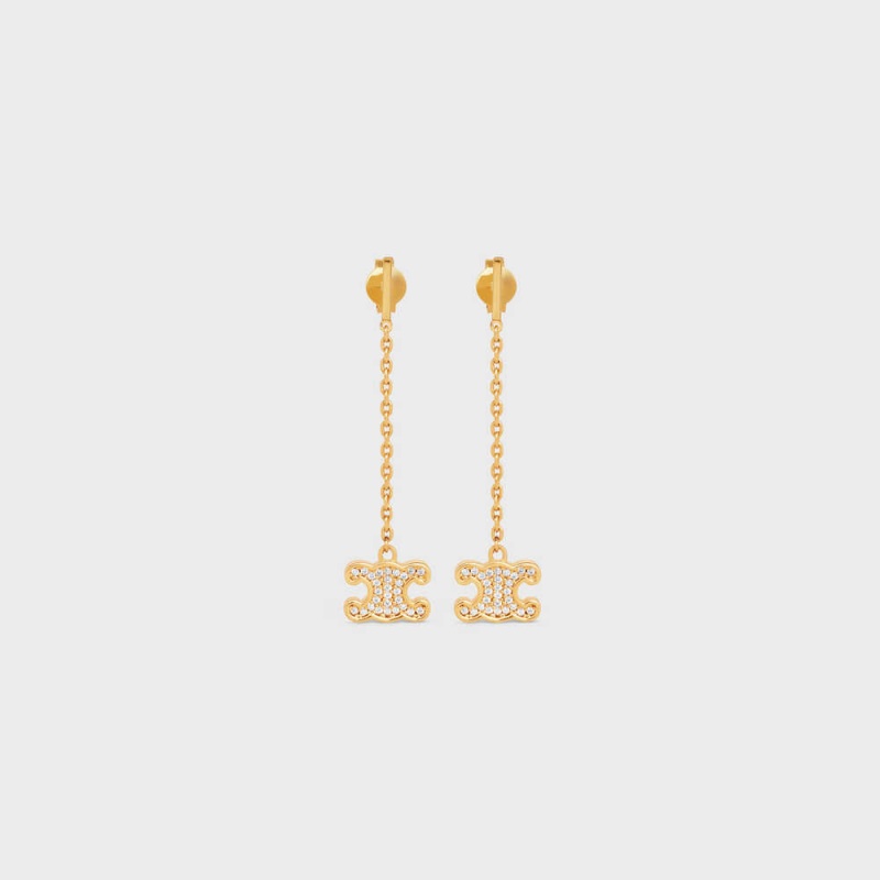 Celine Triomphe Rhinestone Long in Brass with Gold Finish and Crystals Earrings Gold | CL-592302