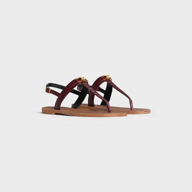 Celine Triomphe Thong in CROCODILE STAMPED CALFSKIN Sandals Dark Burgundy | CL-592589