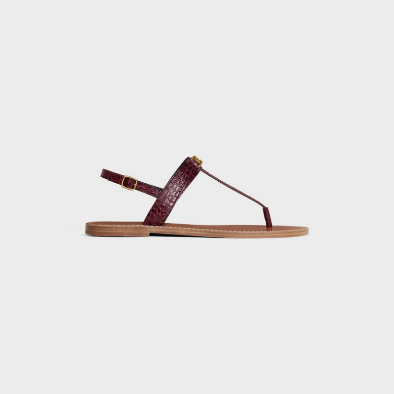 Celine Triomphe Thong in CROCODILE STAMPED CALFSKIN Sandals Dark Burgundy | CL-592589