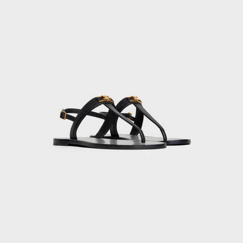 Celine Triomphe Thong in Vegetable - Tanned Calfskin Sandals Black | CL-592588