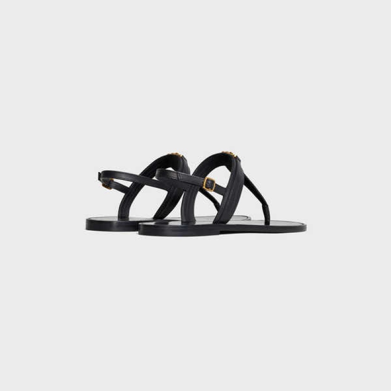 Celine Triomphe Thong in Vegetable - Tanned Calfskin Sandals Black | CL-592588