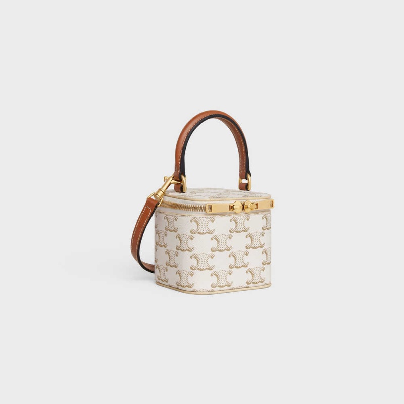 Celine VANITY CASE in Triomphe Canvas and Calfskin Mini Bags White/Tan | CL-593038