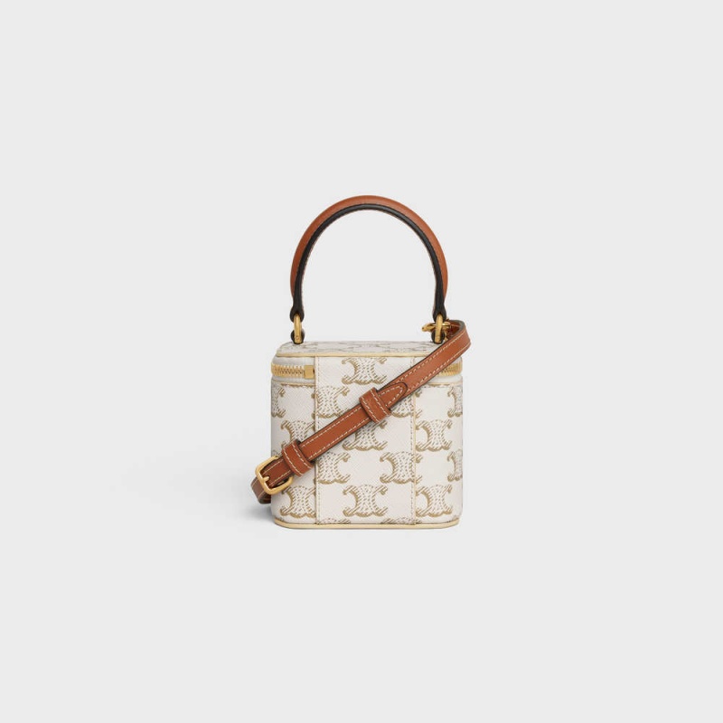 Celine VANITY CASE in Triomphe Canvas and Calfskin Mini Bags White/Tan | CL-593038