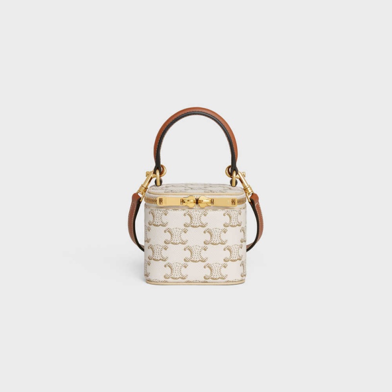 Celine VANITY CASE in Triomphe Canvas and Calfskin Mini Bags White/Tan | CL-593038