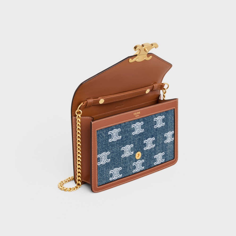 Celine WALLET ON CHAIN TRIOMPHE in DENIM WITH TRIOMPHE ALL-OVER EMBROIDERY AND CALFSKIN Mini Bags Navy / Tan | CL-593027