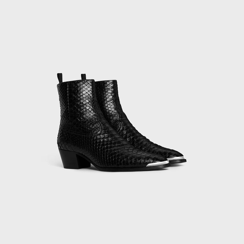 Celine WESTERN ISAAC WITH METAL TOE in SHINY PYTHON Boots Black | CL-591861