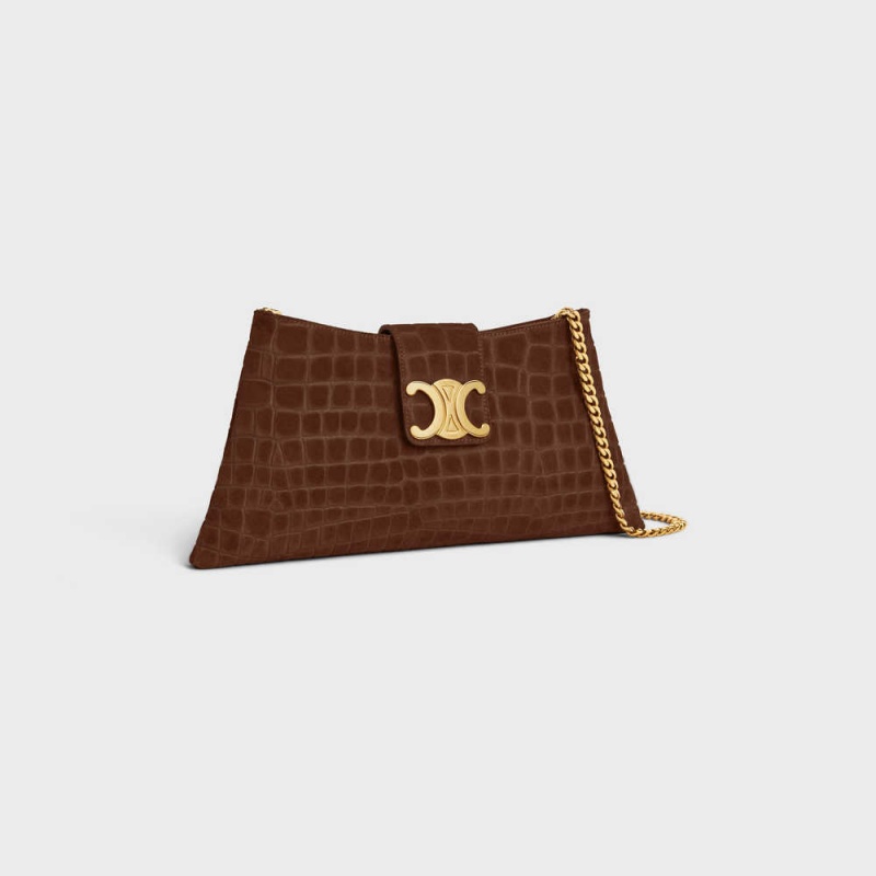 Celine WILTERN CLUTCH SOFT in CROCODILE EMBOSSED SUEDE CALFSKIN Triomphe Brown | CL-593176