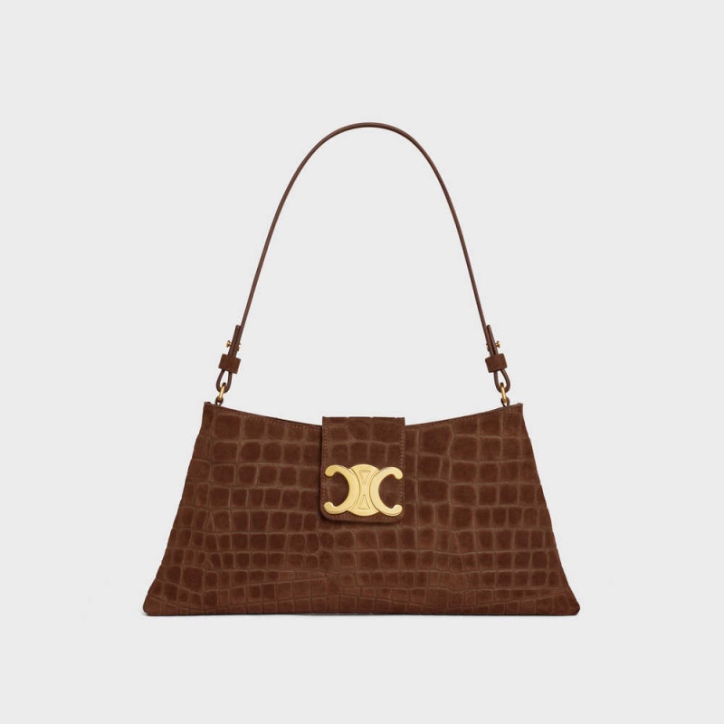 Celine WILTERN CLUTCH SOFT in CROCODILE EMBOSSED SUEDE CALFSKIN Triomphe Brown | CL-593176