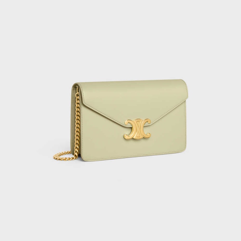 Celine Wallet on Chain TRIOMPHE in Shiny calfskin Mini Bags ALMOND GREEN | CL-593023