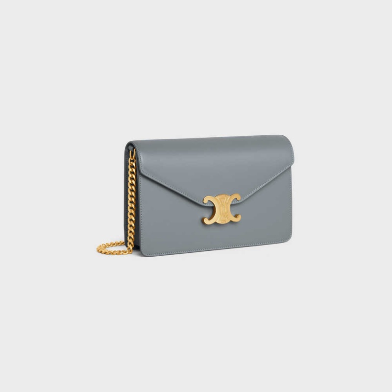 Celine Wallet on Chain TRIOMPHE in Shiny calfskin Mini Bags Blue Grey | CL-593022