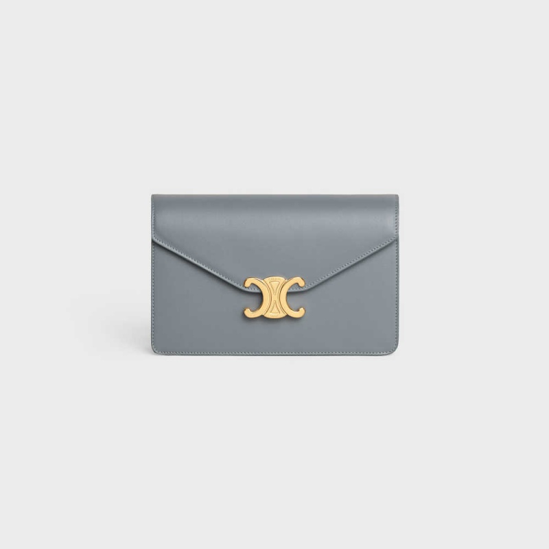 Celine Wallet on Chain TRIOMPHE in Shiny calfskin Mini Bags Blue Grey | CL-593022