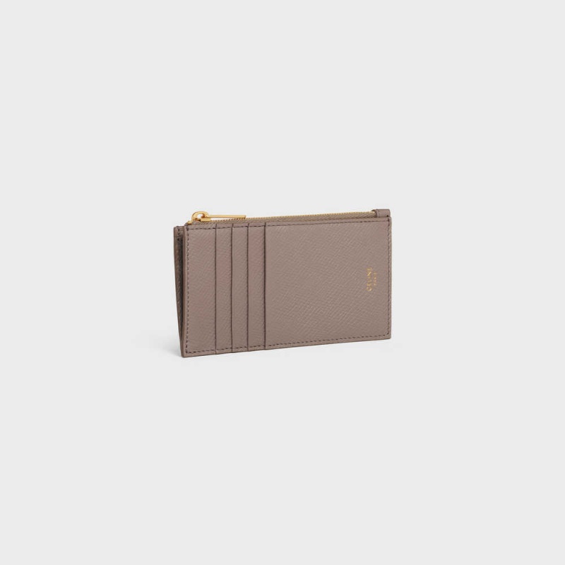 Celine ZIPPED COMPACT ESSENTIALS Grained Calfskin Card Holders Pebble | CL-592963