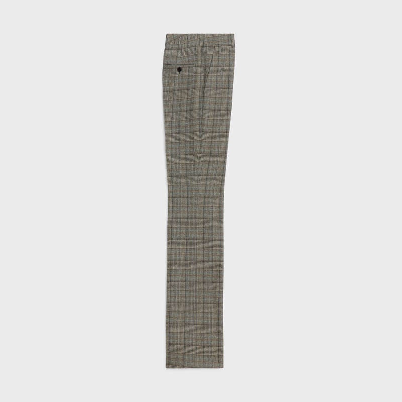 Celine flared in prince of wales flannel Trousers IVOIRE/GRIS/TOFEE | CL-592015