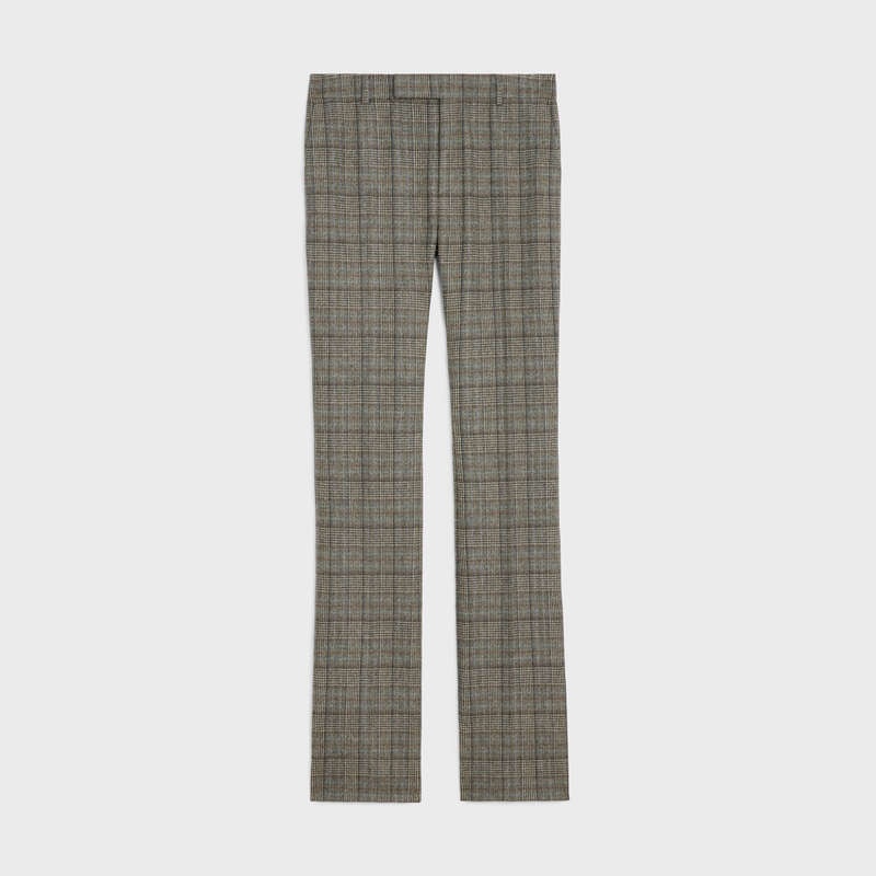 Celine flared in prince of wales flannel Trousers IVOIRE/GRIS/TOFEE | CL-592015