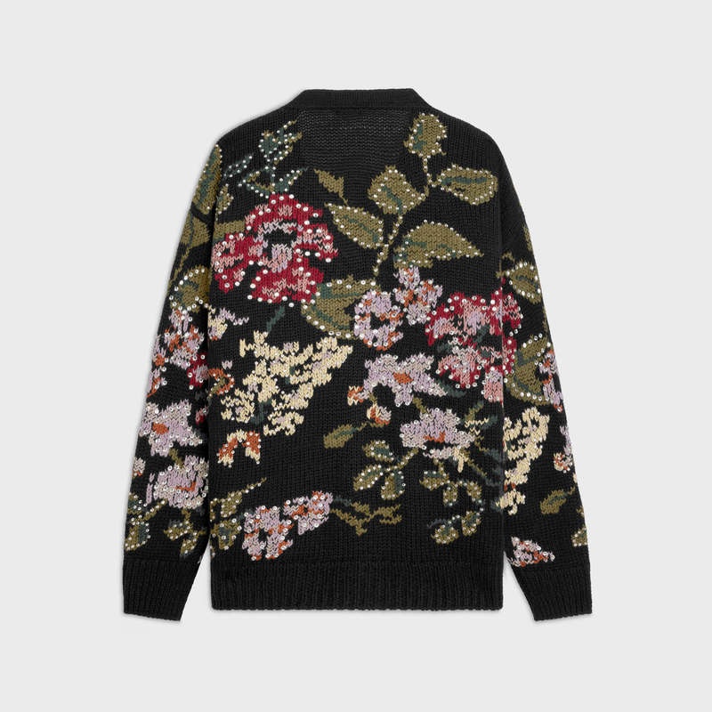 Celine floral embroidered cardigan in wool Knitwear Black | CL-592088