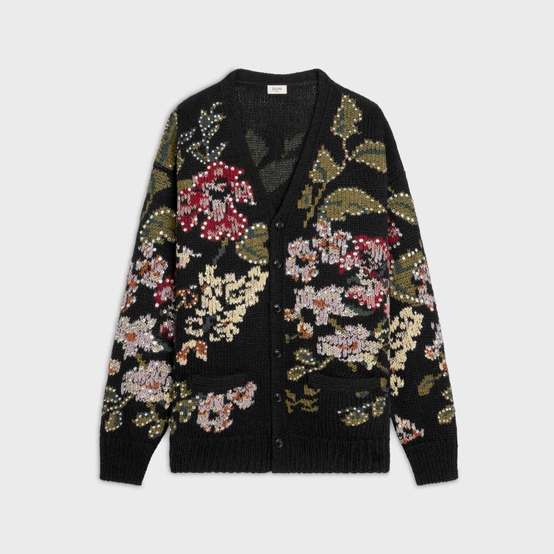 Celine floral embroidered cardigan in wool Knitwear Black | CL-592088