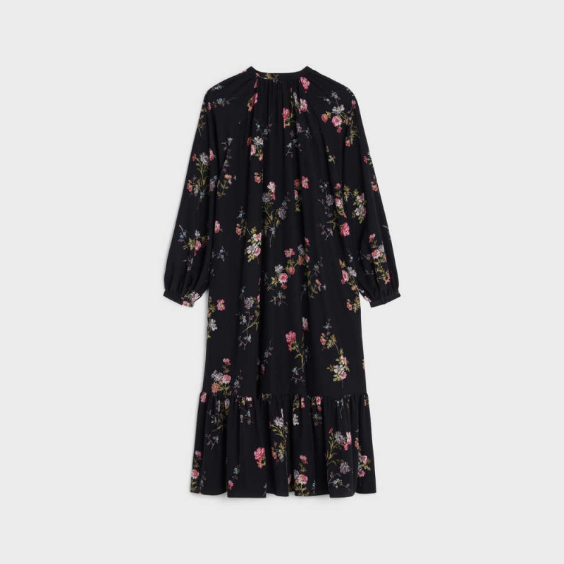 Celine folk in crêpe de chine Dresses NOIR/MULTICOLORE | CL-592857