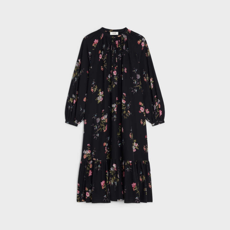 Celine folk in crêpe de chine Dresses NOIR/MULTICOLORE | CL-592857