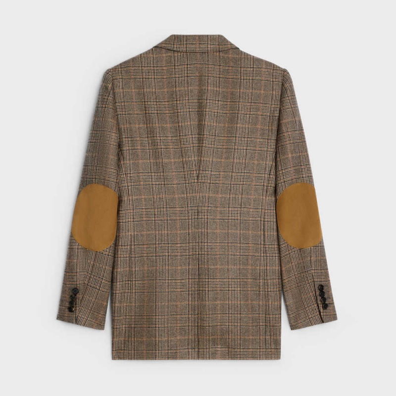 Celine long in prince of wales cashmere Jackets Camel/Noisette/Noir | CL-592655