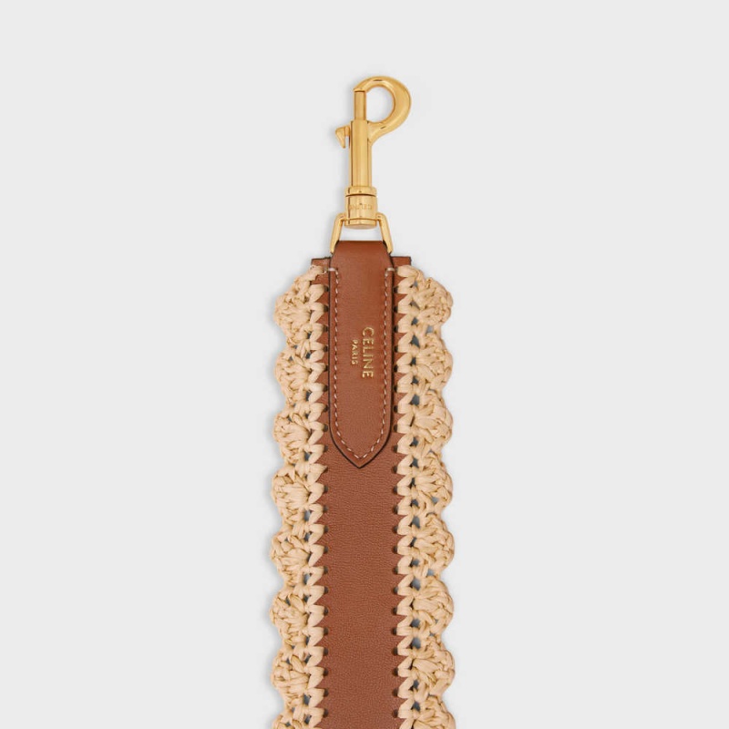 Celine long strap in RAFFIA AND CALFSKIN Leather Goods Accessories Natural / Tan | CL-592906