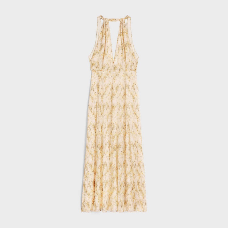 Celine low-cut foulard in silk crêpe Dresses Vanille/Jaune | CL-592861