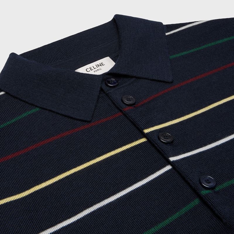 Celine striped triomphe polo in fine wool Knitwear NAVY/MULTICOLORE | CL-592103