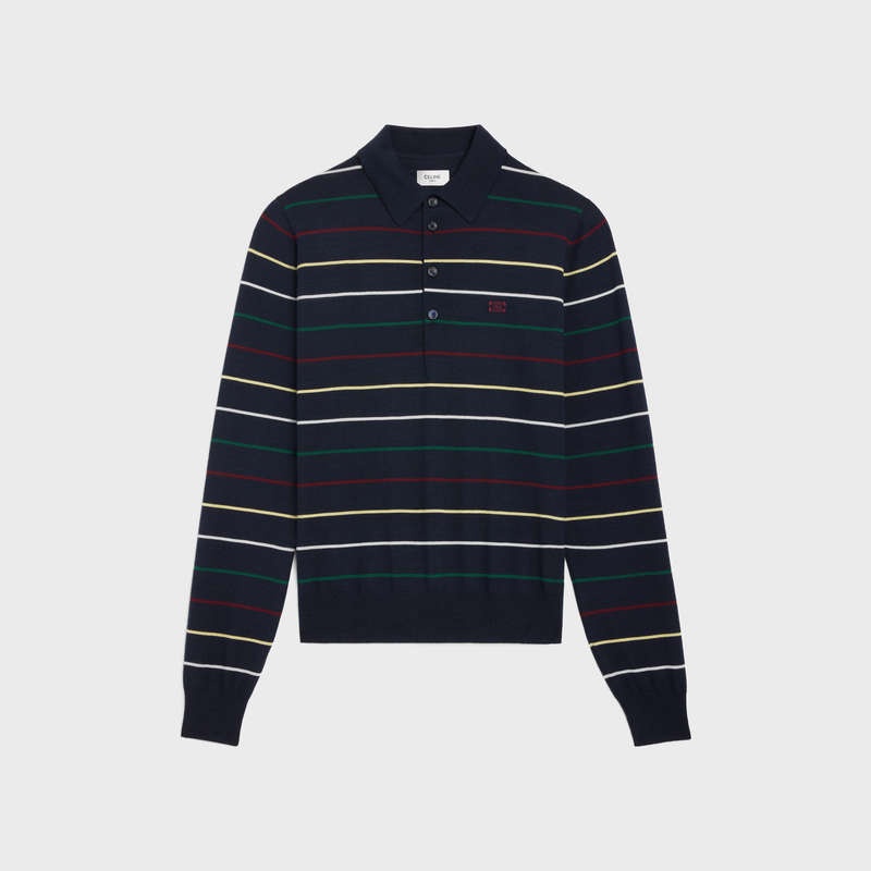 Celine striped triomphe polo in fine wool Knitwear NAVY/MULTICOLORE | CL-592103