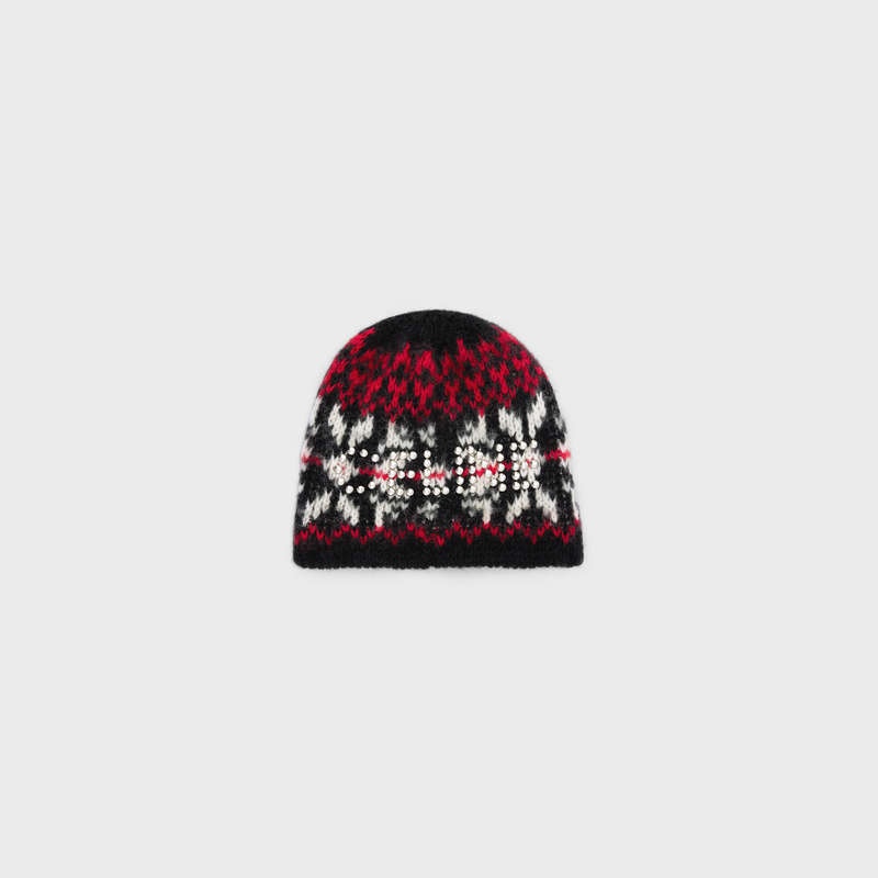 Celine studs beanie in snowflakes wool Hat Black / Red / Off White | CL-591719