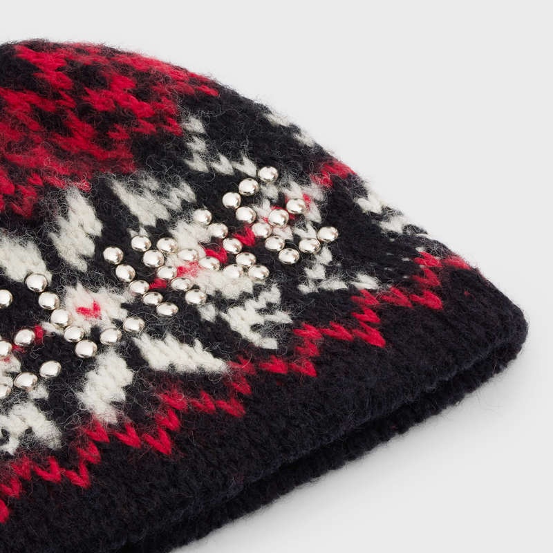 Celine studs beanie in snowflakes wool Hat Black / Red / Off White | CL-591719