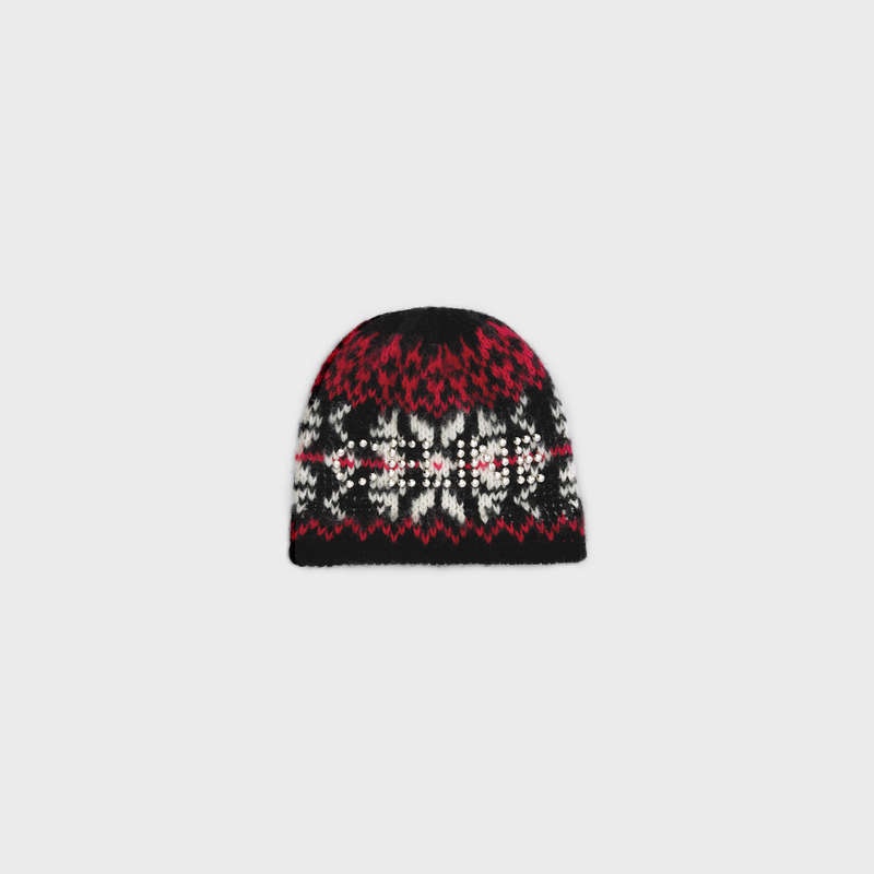 Celine studs beanie in snowflakes wool Hat Black / Red / Off White | CL-591719