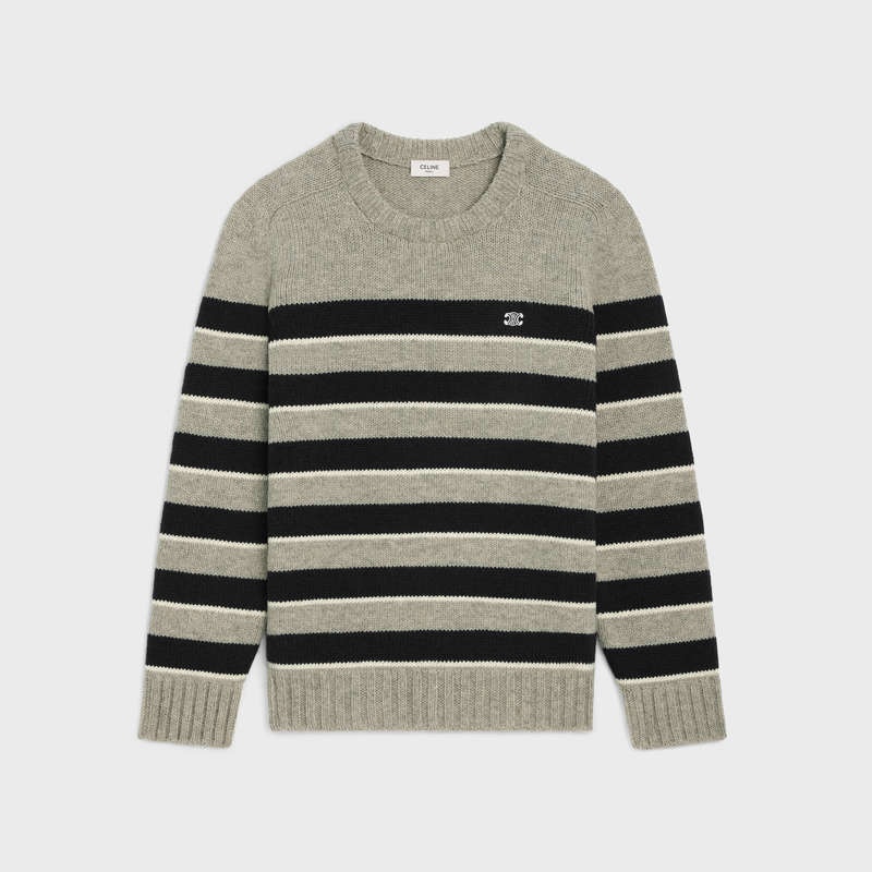 Celine triomphe crew neck in striped wool Knitwear LIGHT GREY/BLACK | CL-592100